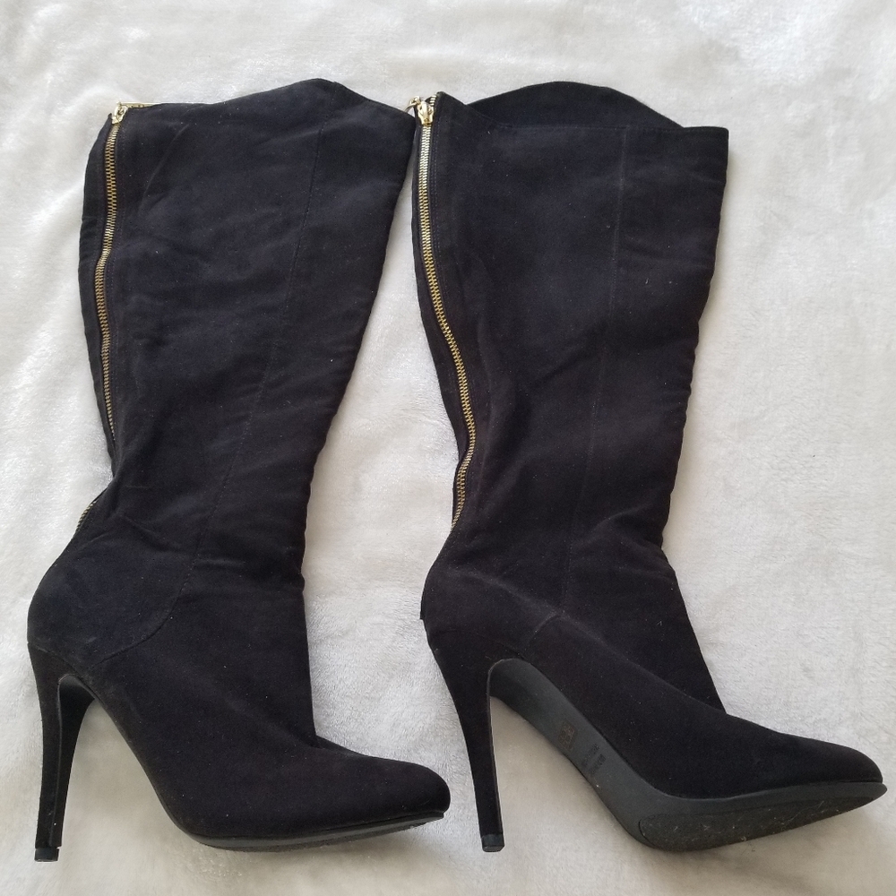 Forever 21 Black Suede Heeled Boots with Gold Accent